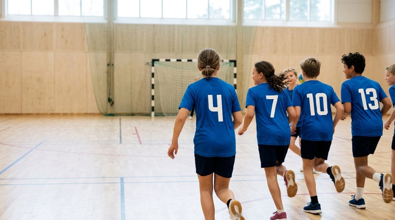 Ungdomslag i idrottshall med blå tröjor och vita ryggnummer